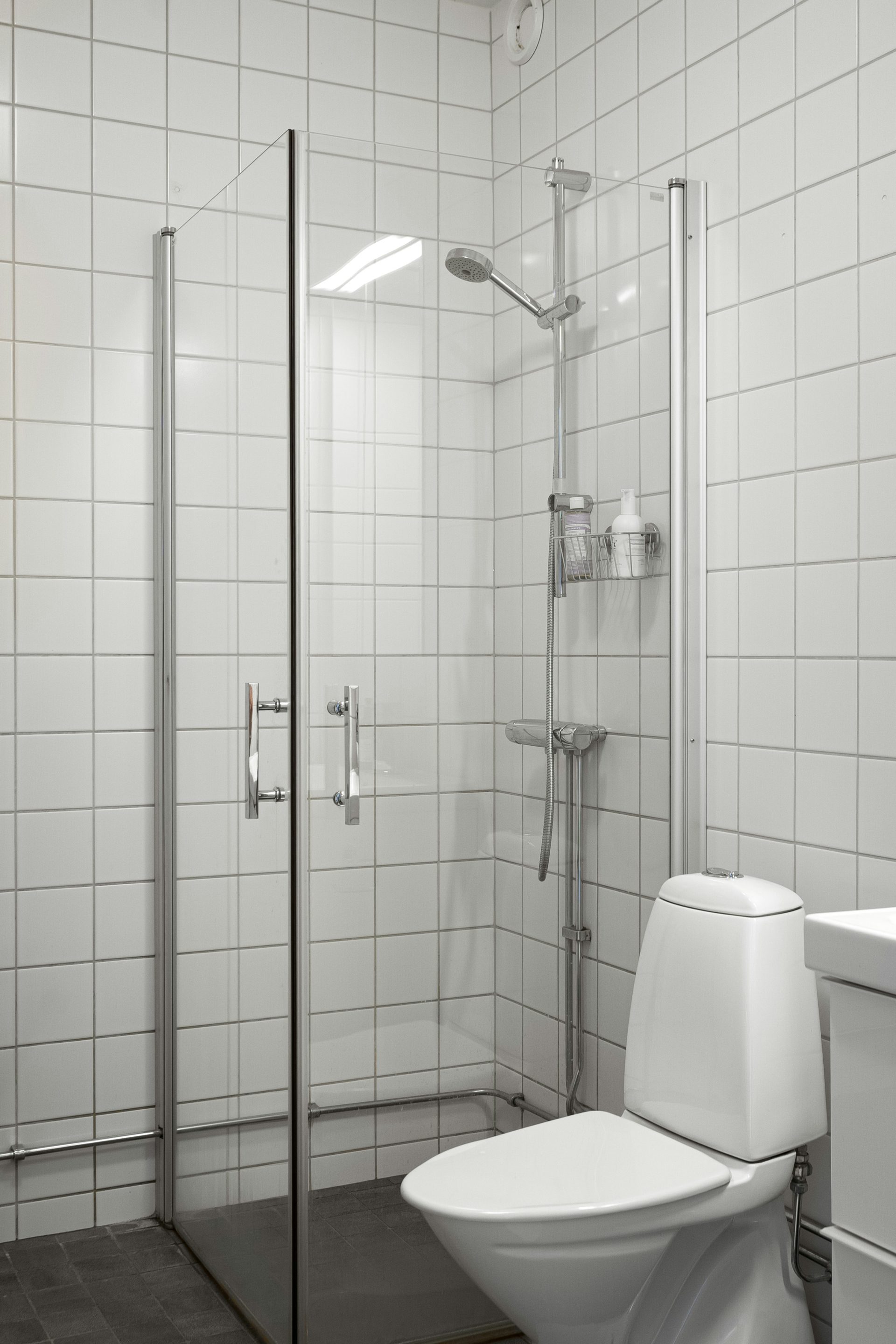 Eine weiße Toilette neben einer begehbaren Dusche